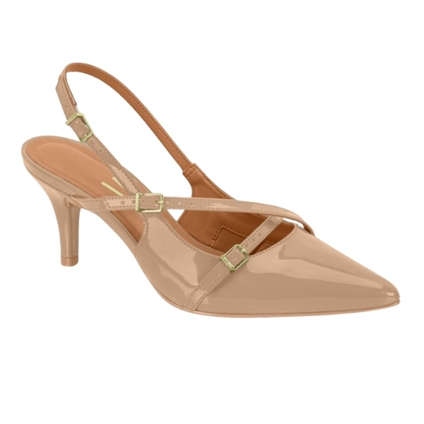Scarpin Bege Verniz Slingback Salto Fino